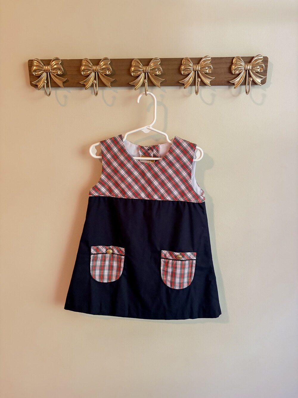 Navy Blue Plaid Sleeveless Dress Button Back Pockets Toddler Dress Size 3T